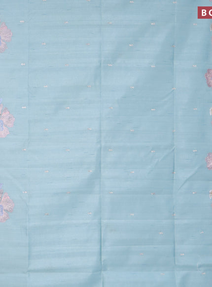 Semi raw silk saree teal blue shade with embroidery work buttas and floral design embroidery work border