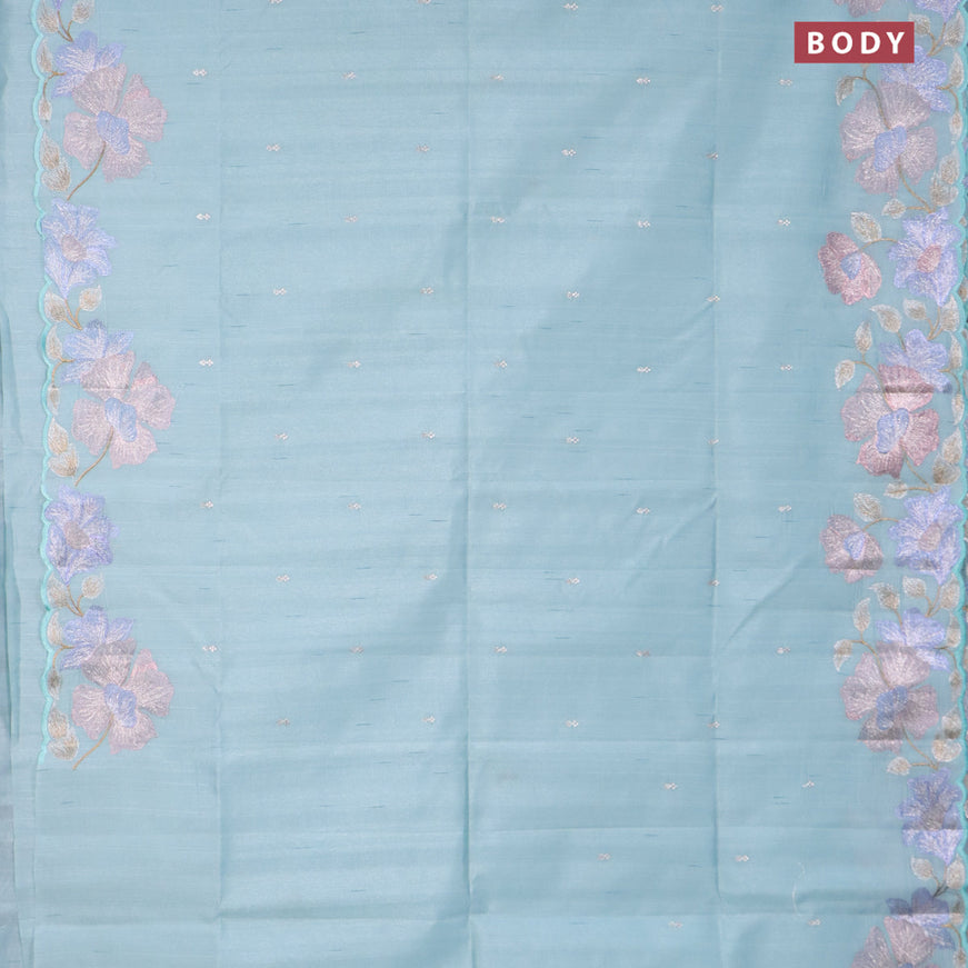 Semi raw silk saree teal blue shade with embroidery work buttas and floral design embroidery work border