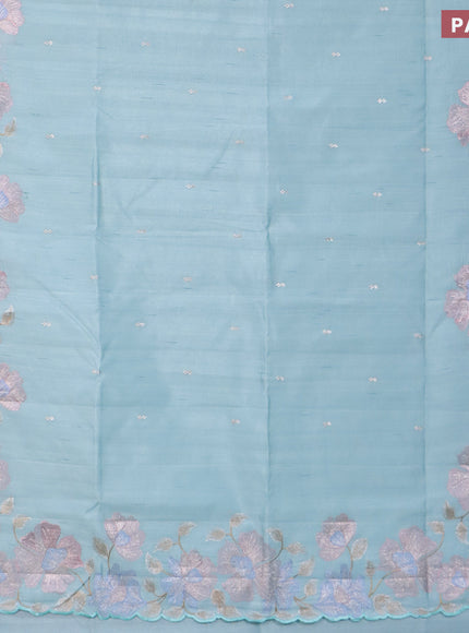 Semi raw silk saree teal blue shade with embroidery work buttas and floral design embroidery work border