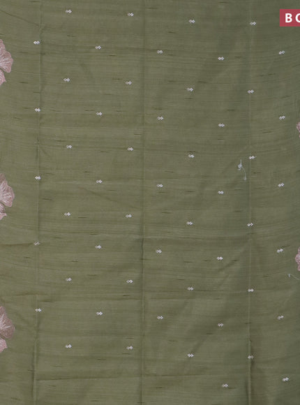 Semi raw silk saree pastel green shade with embroidery work buttas and floral design embroidery work border