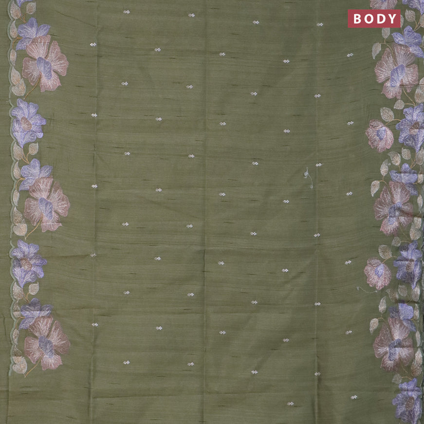 Semi raw silk saree pastel green shade with embroidery work buttas and floral design embroidery work border