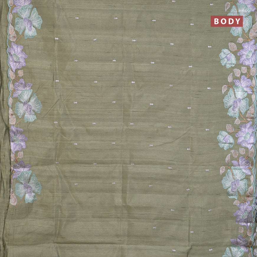 Semi raw silk saree pastel green shade with embroidery work buttas and floral design embroidery work border