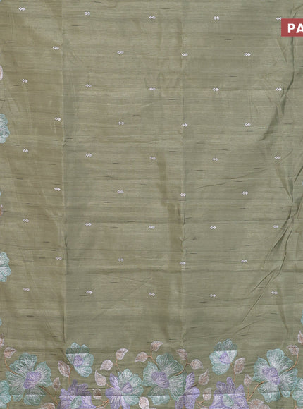 Semi raw silk saree pastel green shade with embroidery work buttas and floral design embroidery work border