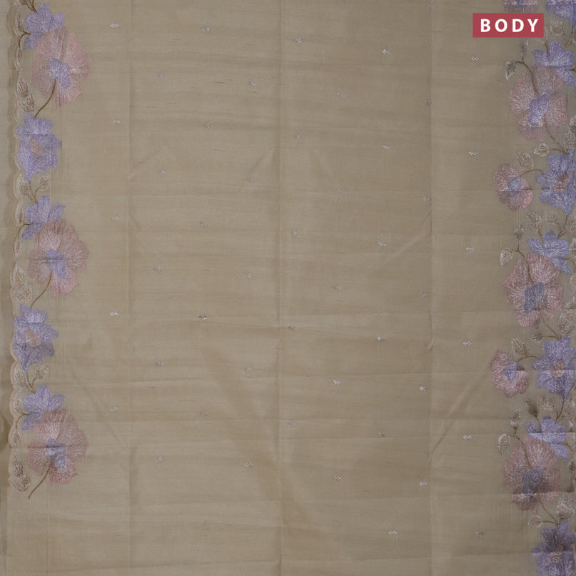 Semi raw silk saree cream with embroidery work buttas and floral design embroidery work border