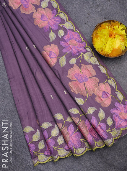 Semi raw silk saree pastel purple with embroidery work buttas and floral design embroidery work border