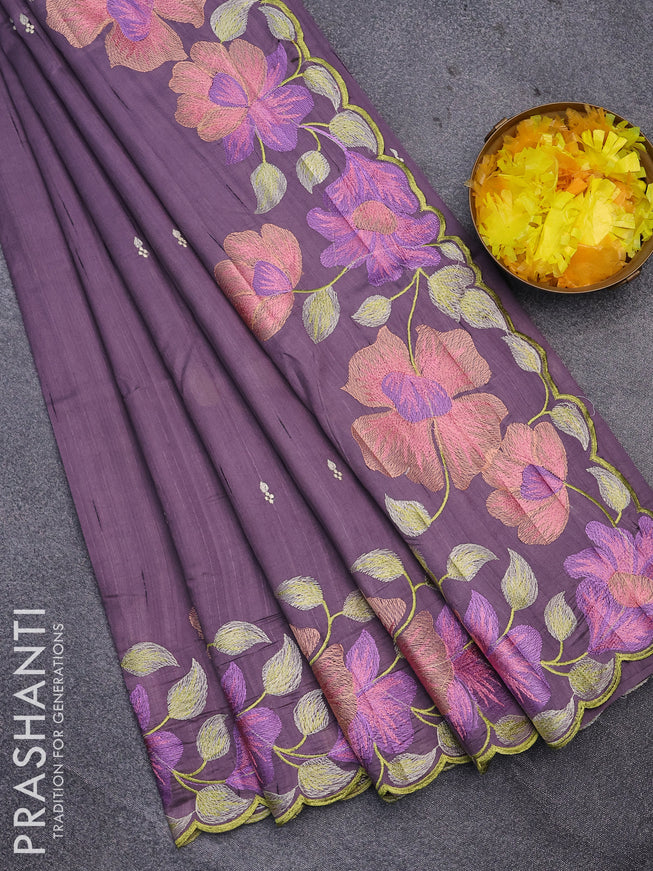 Semi raw silk saree pastel purple with embroidery work buttas and floral design embroidery work border