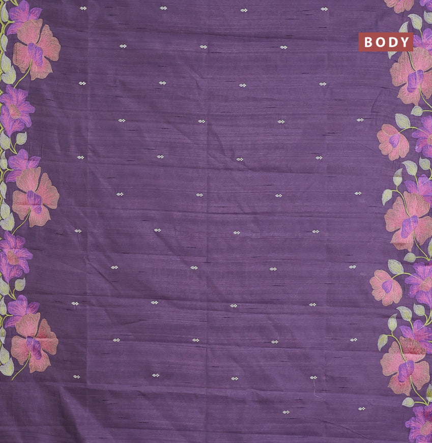 Semi raw silk saree pastel purple with embroidery work buttas and floral design embroidery work border