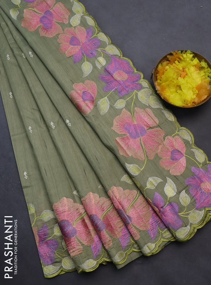 Semi raw silk saree elaichi green with embroidery work buttas and floral design embroidery work border