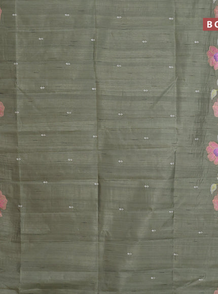 Semi raw silk saree elaichi green with embroidery work buttas and floral design embroidery work border