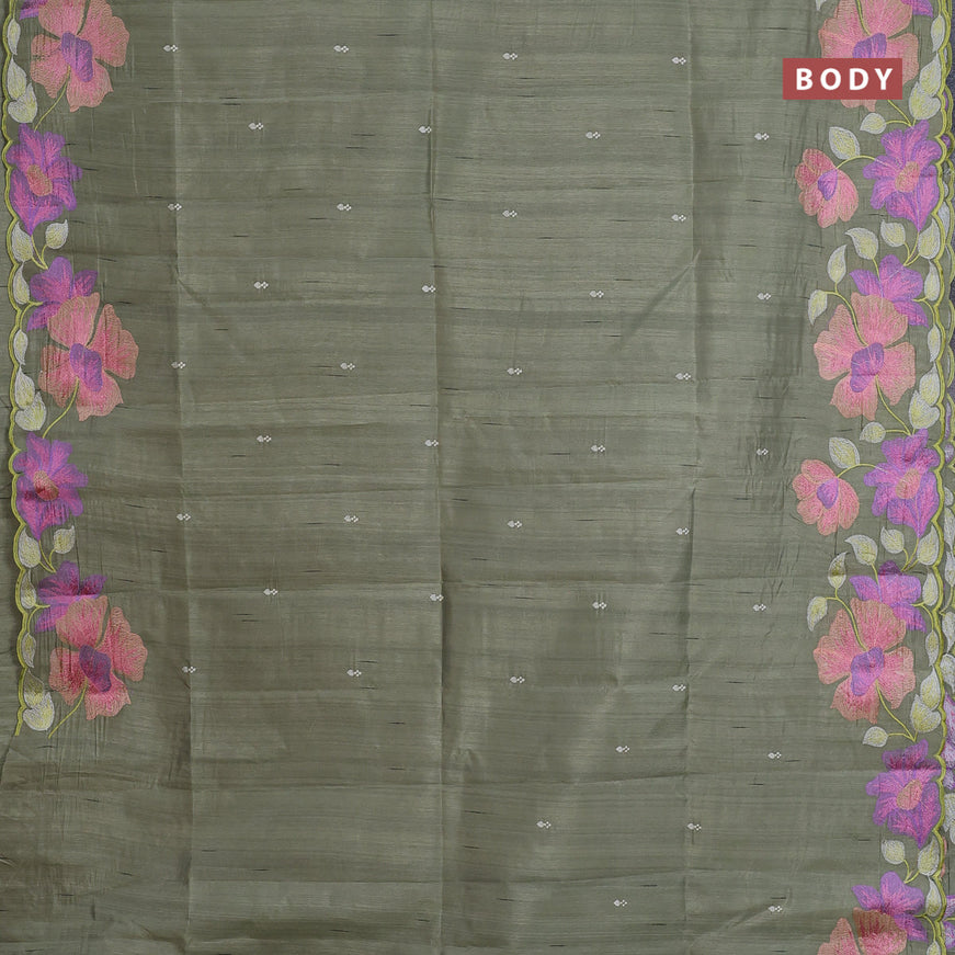 Semi raw silk saree elaichi green with embroidery work buttas and floral design embroidery work border