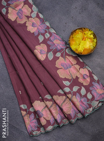 Semi raw silk saree rosy brown with embroidery work buttas and floral design embroidery work border