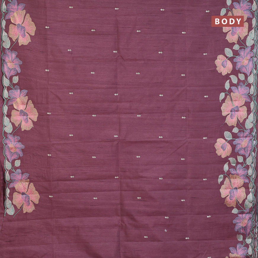 Semi raw silk saree rosy brown with embroidery work buttas and floral design embroidery work border