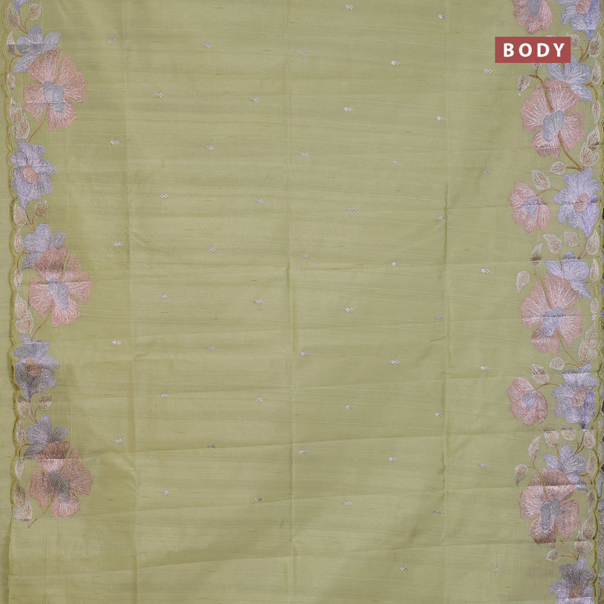 Semi raw silk saree mild pista green with embroidery work buttas and floral design embroidery work border