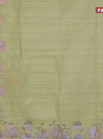 Semi raw silk saree mild pista green with embroidery work buttas and floral design embroidery work border