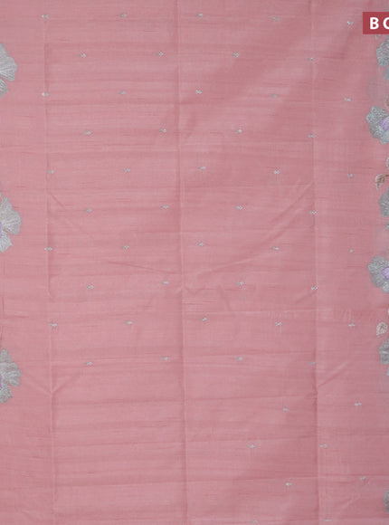 Semi raw silk saree peach shade with embroidery work buttas and floral design embroidery work border