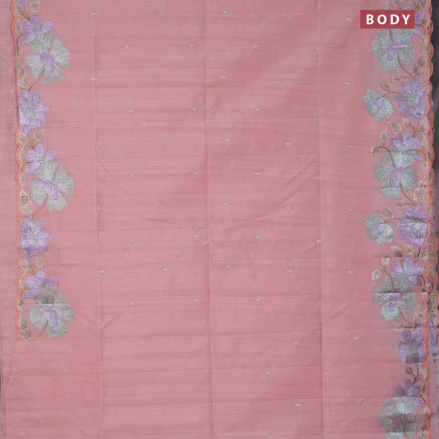 Semi raw silk saree peach shade with embroidery work buttas and floral design embroidery work border