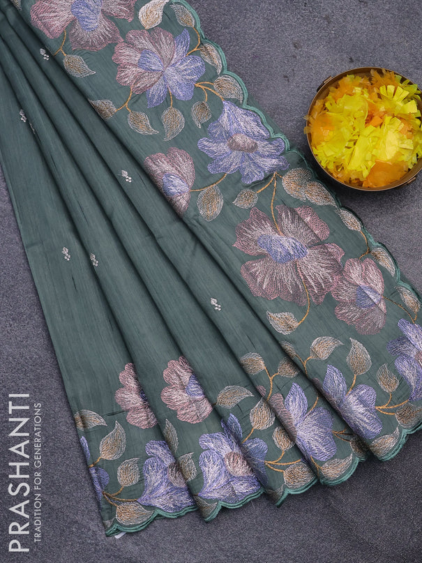 Semi raw silk saree pastel green shade with embroidery work buttas and floral design embroidery work border