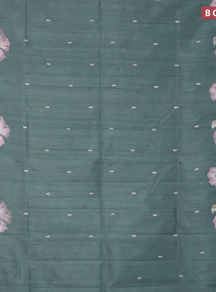 Semi raw silk saree pastel green shade with embroidery work buttas and floral design embroidery work border