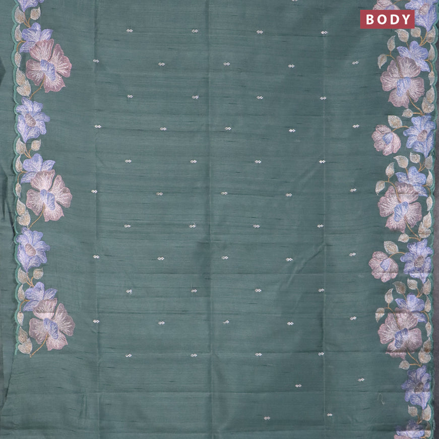 Semi raw silk saree pastel green shade with embroidery work buttas and floral design embroidery work border