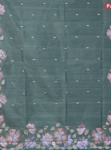 Semi raw silk saree pastel green shade with embroidery work buttas and floral design embroidery work border