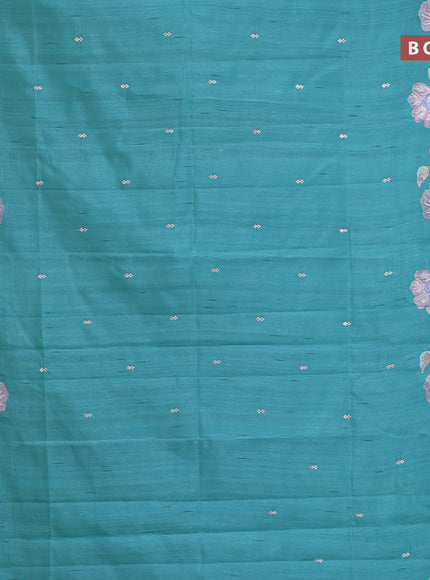 Semi raw silk saree teal blue with embroidery work buttas and floral design embroidery work border