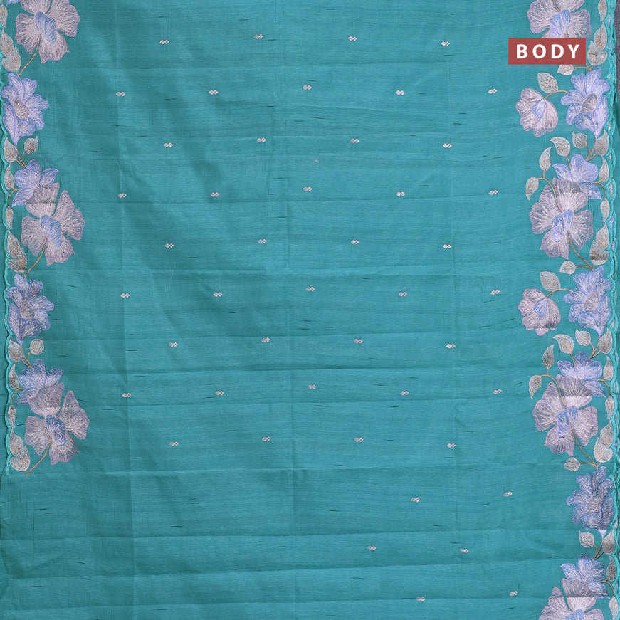 Semi raw silk saree teal blue with embroidery work buttas and floral design embroidery work border