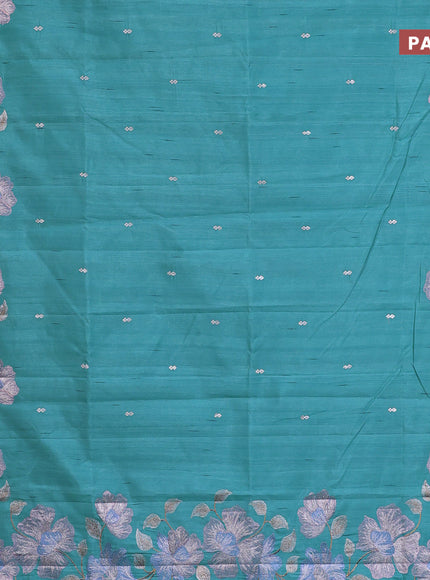 Semi raw silk saree teal blue with embroidery work buttas and floral design embroidery work border