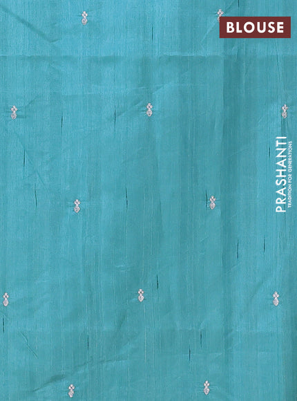 Semi raw silk saree teal blue with embroidery work buttas and floral design embroidery work border