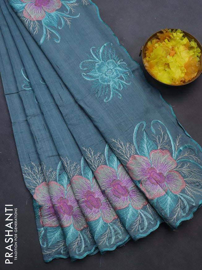 Semi raw silk saree pastel blue with embroidery work buttas and floral design embroidery work butta border