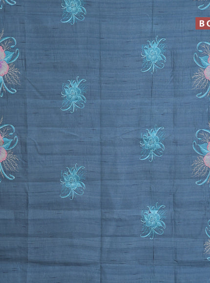 Semi raw silk saree pastel blue with embroidery work buttas and floral design embroidery work butta border