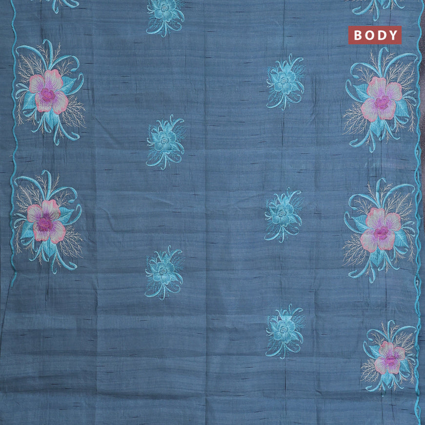 Semi raw silk saree pastel blue with embroidery work buttas and floral design embroidery work butta border