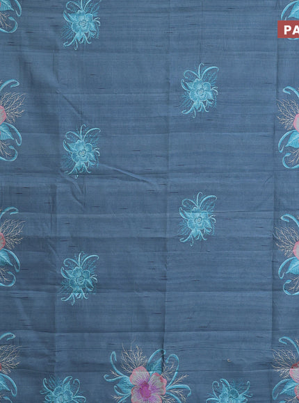 Semi raw silk saree pastel blue with embroidery work buttas and floral design embroidery work butta border