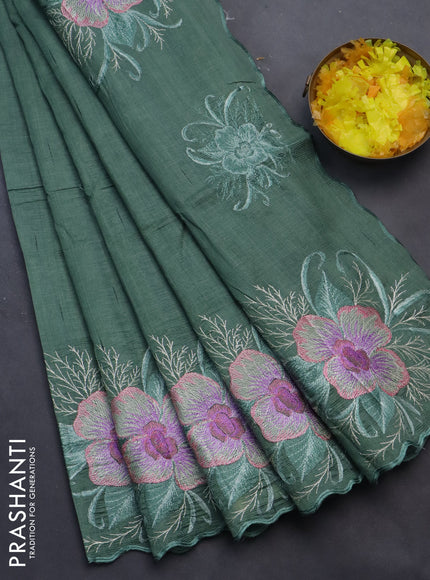 Semi raw silk saree pastel green with embroidery work buttas and floral design embroidery work butta border