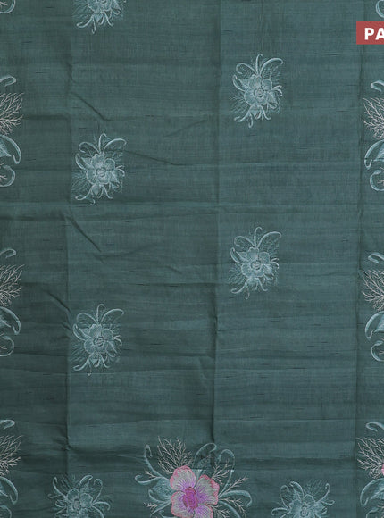 Semi raw silk saree pastel green with embroidery work buttas and floral design embroidery work butta border