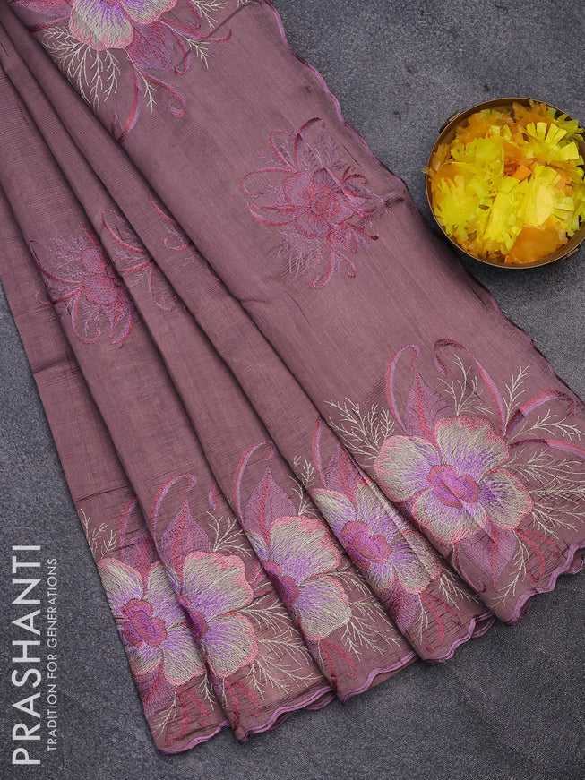 Semi raw silk saree pastel purple with embroidery work buttas and floral design embroidery work butta border