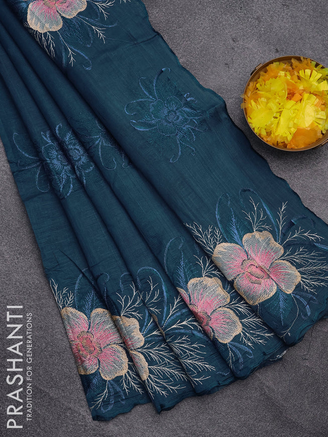 Semi raw silk saree peacock blue with embroidery work buttas and floral design embroidery work butta border