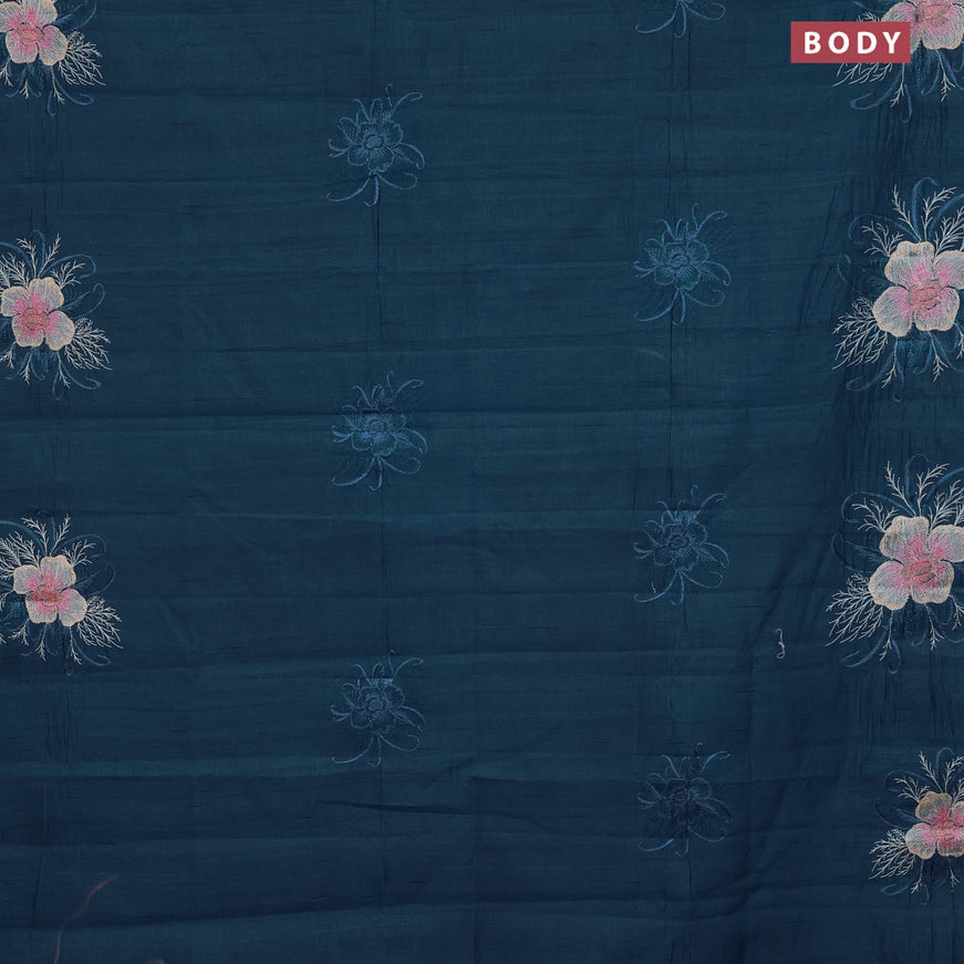 Semi raw silk saree peacock blue with embroidery work buttas and floral design embroidery work butta border