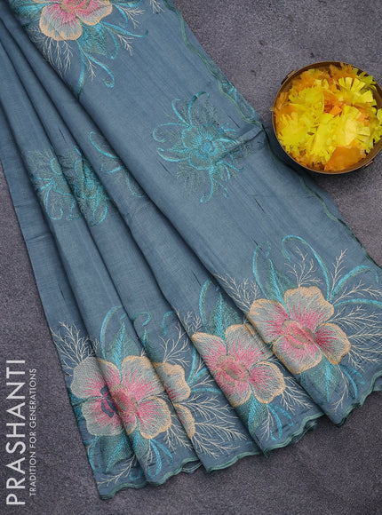 Semi raw silk saree pastel blue with embroidery work buttas and floral design embroidery work butta border