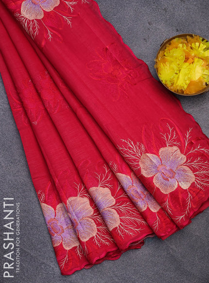 Semi raw silk saree dark pink with embroidery work buttas and floral design embroidery work butta border