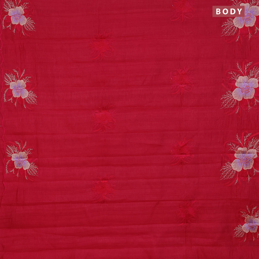 Semi raw silk saree dark pink with embroidery work buttas and floral design embroidery work butta border