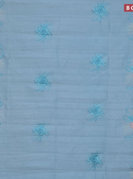 Semi raw silk saree teal blue shade with embroidery work buttas and floral design embroidery work butta border