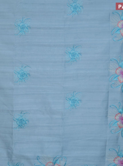 Semi raw silk saree teal blue shade with embroidery work buttas and floral design embroidery work butta border