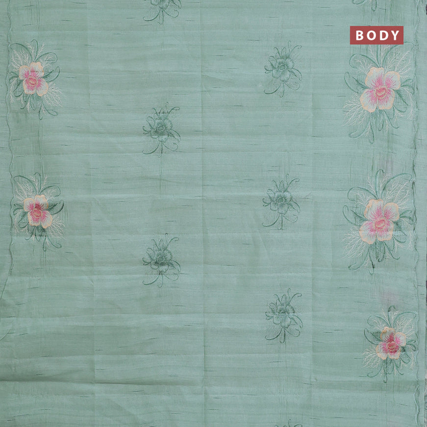 Semi raw silk saree teal green shade with embroidery work buttas and floral design embroidery work butta border