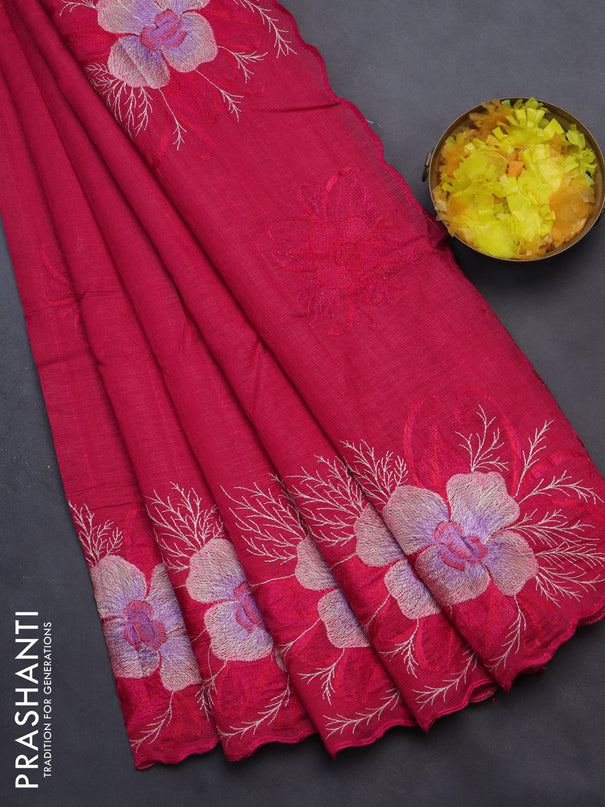 Semi raw silk saree dark pink with embroidery work buttas and floral design embroidery work butta border