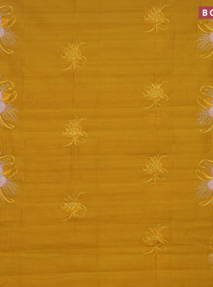 Semi raw silk saree mustard yellow with embroidery work buttas and floral design embroidery work butta border