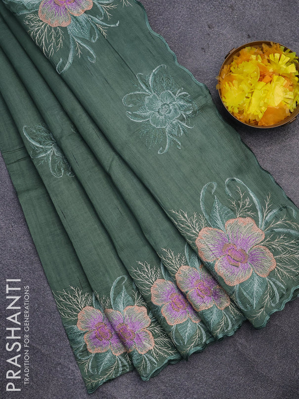 Semi raw silk saree pastel green with embroidery work buttas and floral design embroidery work butta border