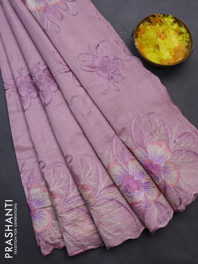 Semi raw silk saree pastel pink with embroidery work buttas and floral design embroidery work butta border