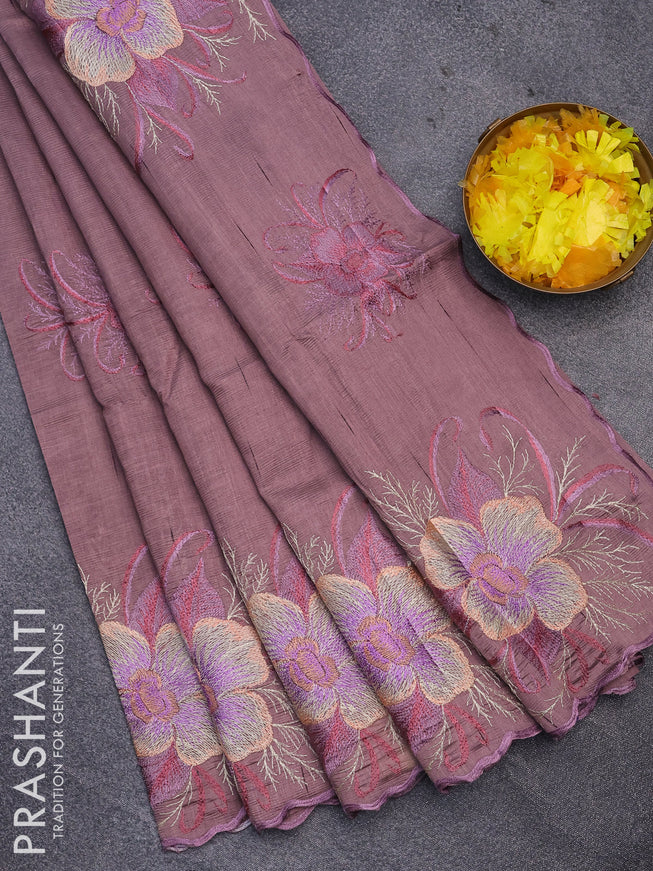 Semi raw silk saree pastel purple with embroidery work buttas and floral design embroidery work butta border