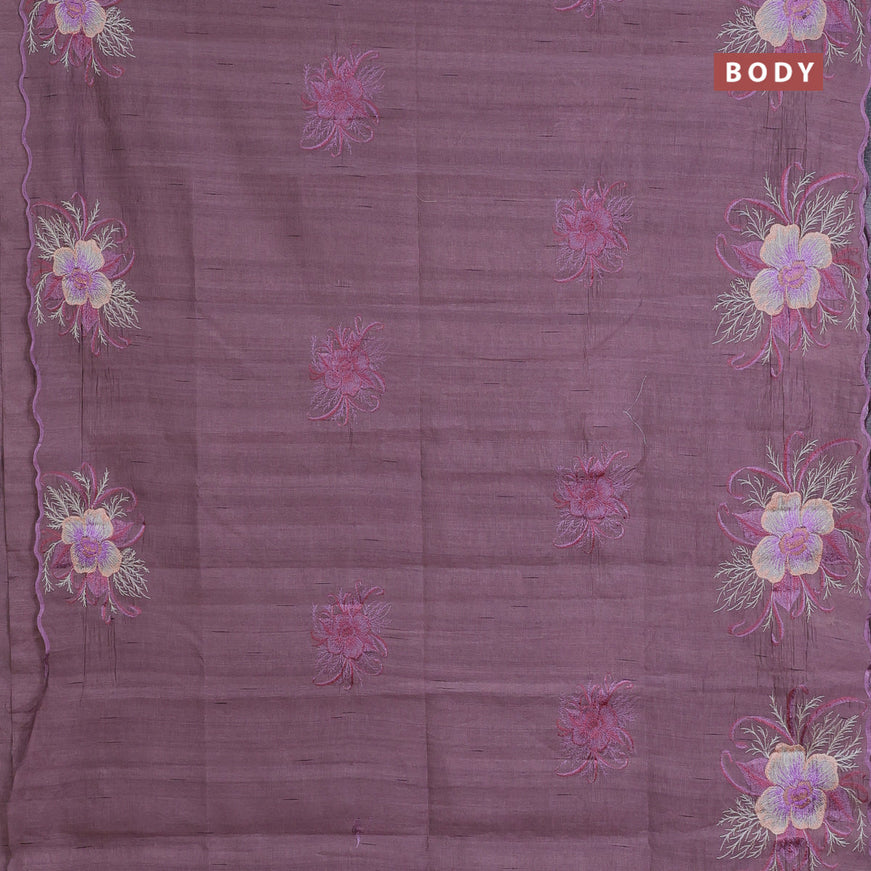 Semi raw silk saree pastel purple with embroidery work buttas and floral design embroidery work butta border