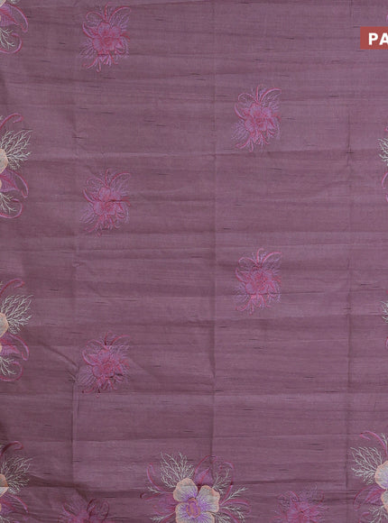 Semi raw silk saree pastel purple with embroidery work buttas and floral design embroidery work butta border